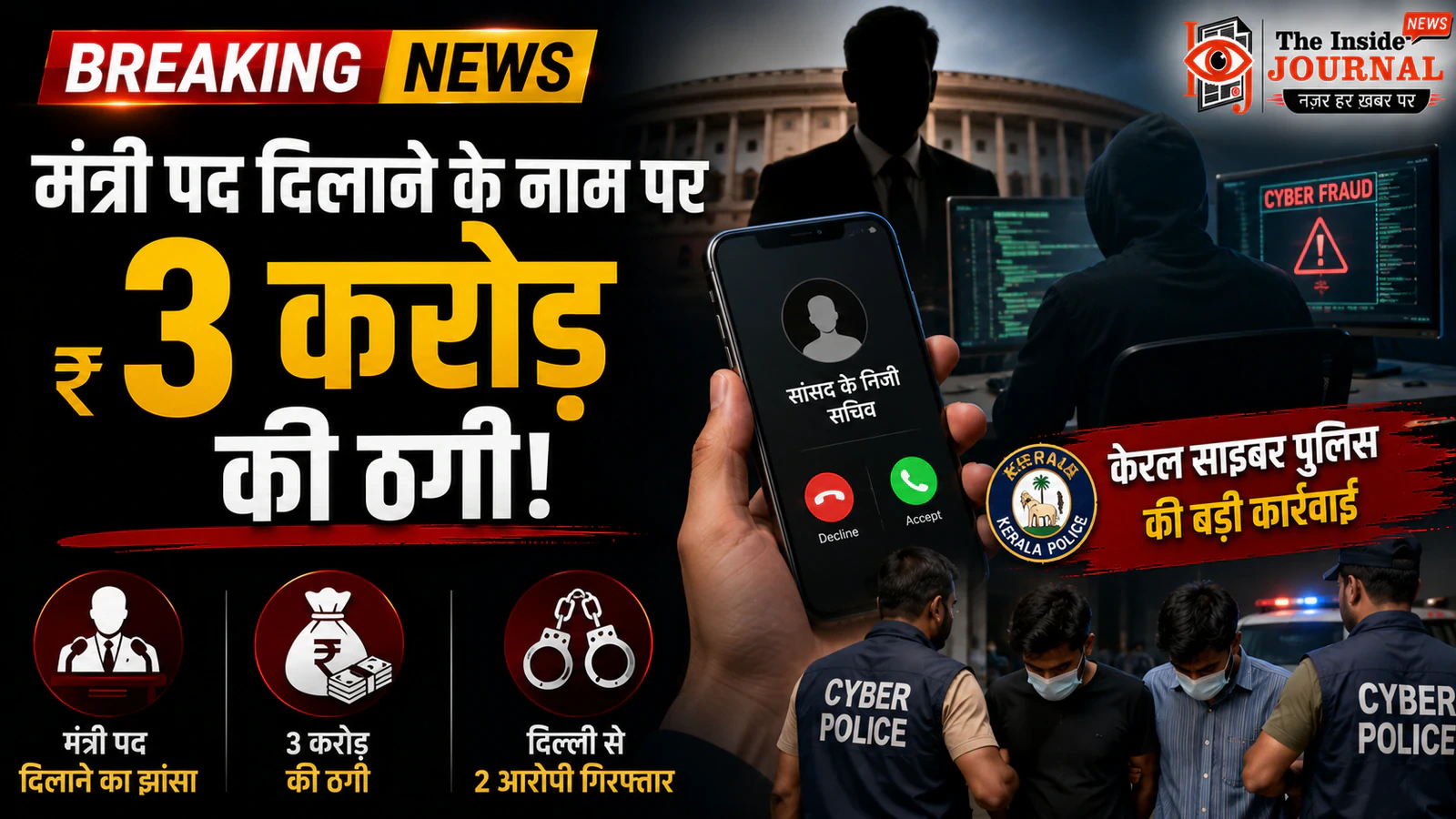 मंत्री पद दिलाने के नाम पर 3 करोड़ की ठगी: केरल साइबर पुलिस ने दिल्ली से दो आरोपी दबोचे, सांसद के निजी सचिव बनकर करते थे बात